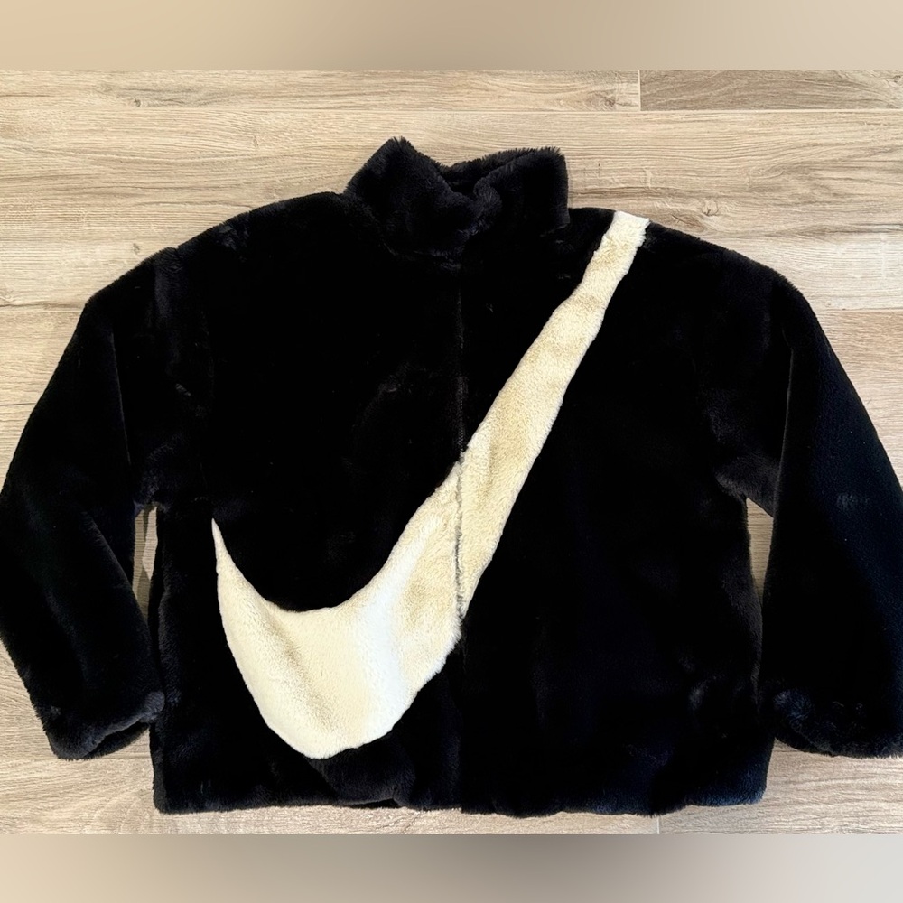 Nike Faux Fur Black Full Zip Jacket Coat L
